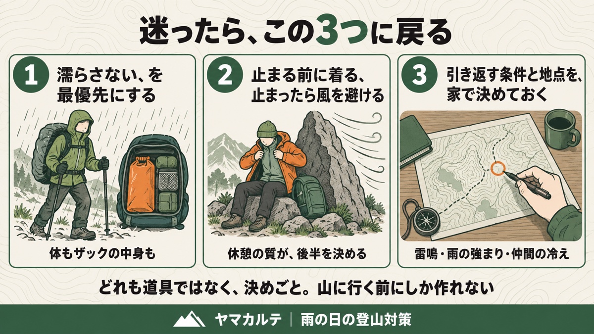 雨の日の登山で迷ったら戻る3つの原則 濡らさないを最優先にする・止まる前に着て止まったら風を避ける・引き返す条件と地点を家で決めておく ヤマカルテ