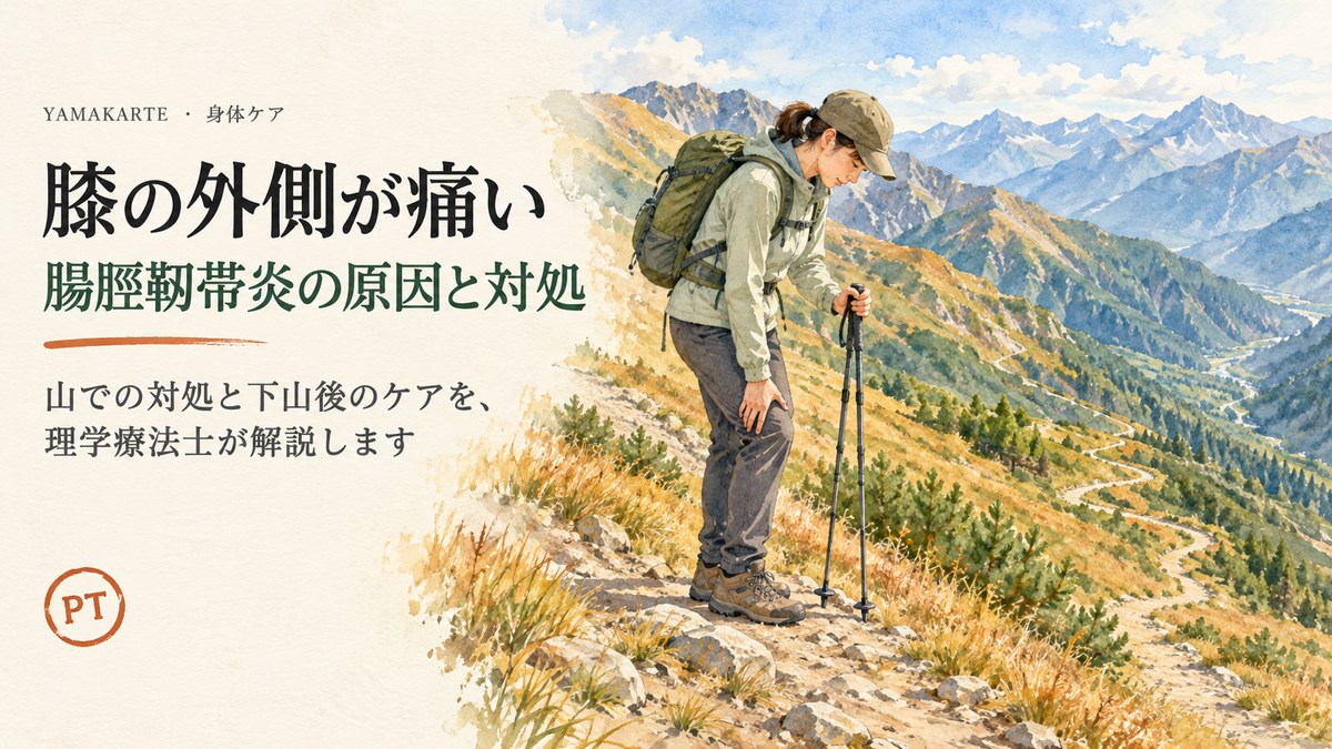 膝の外側が痛い 腸脛靭帯炎の原因と対処 初秋の高山の長い下り道の途中で立ち止まり膝の外側に手を当てる登山者の水彩画 山での対処と下山後のケアを理学療法士が解説 ヤマカルテ