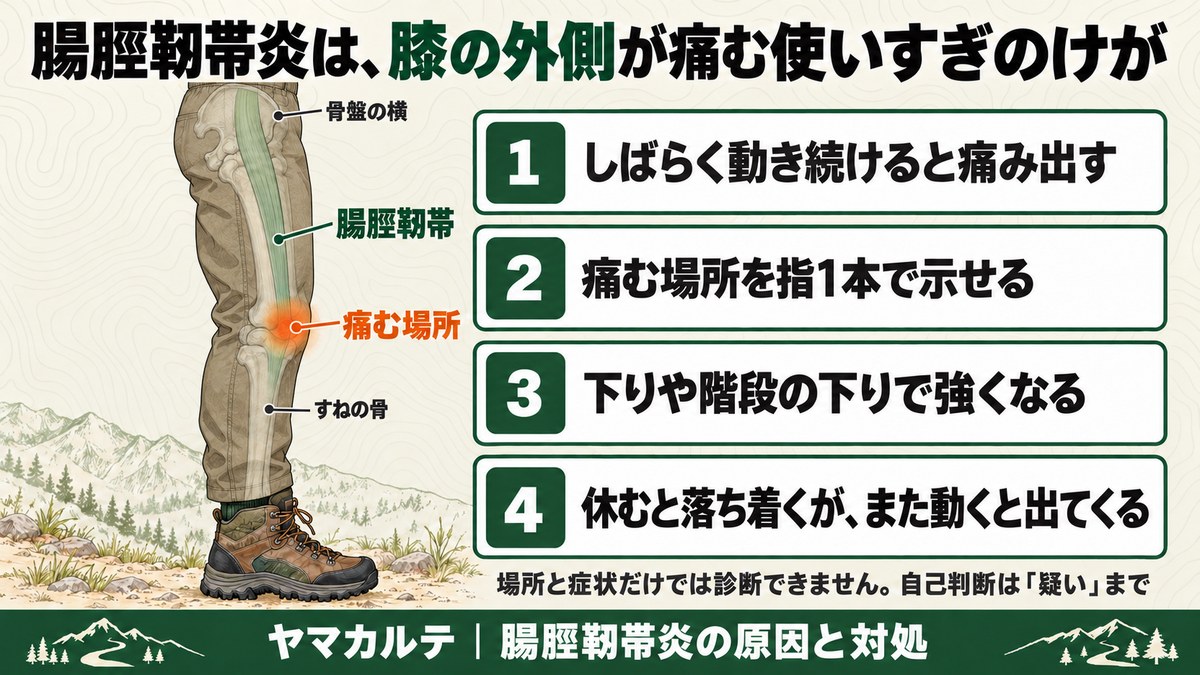 腸脛靭帯炎は膝の外側が痛む使いすぎのけが 骨盤の横から膝の下まで太ももの外側を走る腸脛靭帯と痛む場所 しばらく動き続けると痛み出す・指1本で示せる・下りや階段の下りで強くなる・休むと落ち着く ヤマカルテ