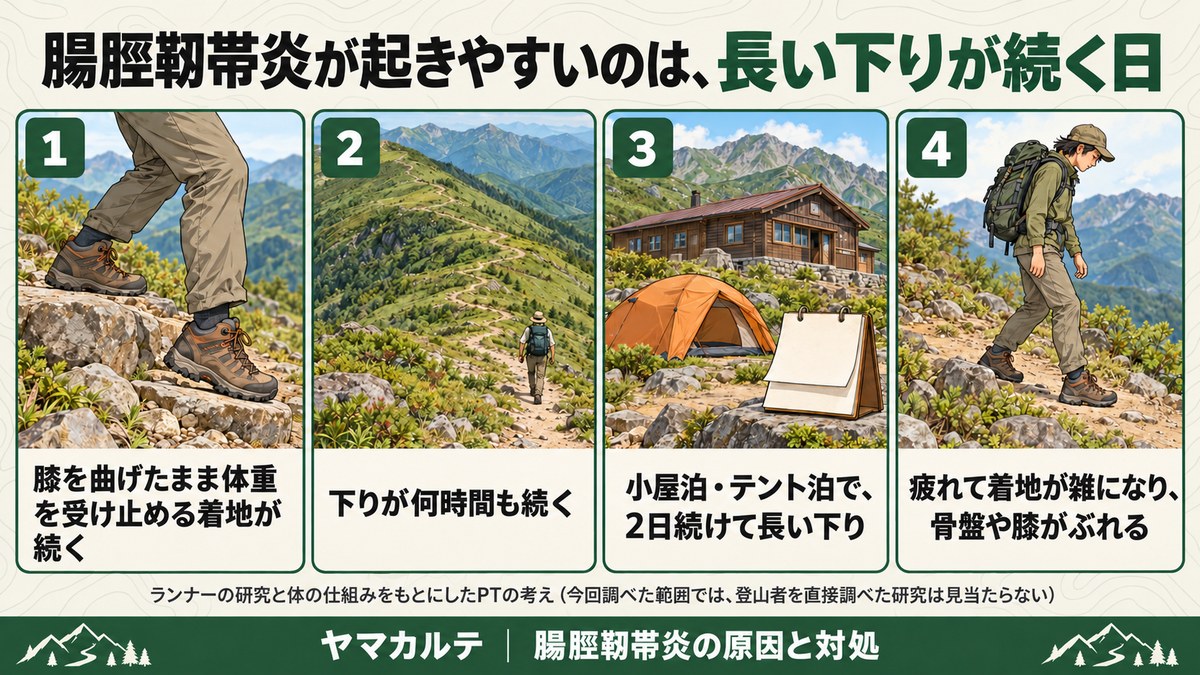 腸脛靭帯炎が起きやすいのは長い下りが続く日 膝を曲げたまま体重を受け止める着地が続く・下りが何時間も続く・小屋泊テント泊で2日続けて長い下り・疲れて着地が雑になり骨盤や膝がぶれる ヤマカルテ