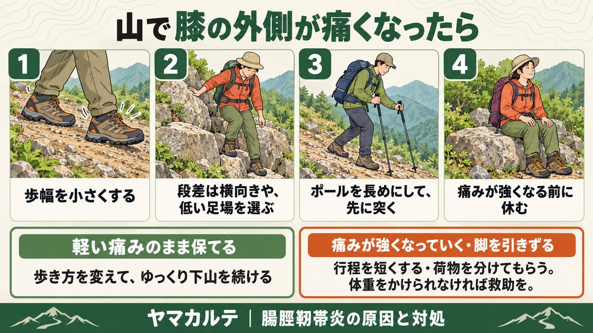 山で膝の外側が痛くなったら 歩幅を小さくする・段差は横向きや低い足場を選ぶ・ポールを長めにして先に突く・痛みが強くなる前に休む 痛みが強くなっていくときは行程を短くし体重をかけられなければ救助を ヤマカルテ