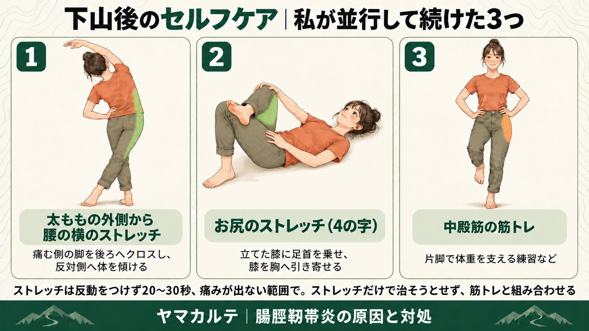 下山後のセルフケア 太ももの外側から腰の横の立位ストレッチ・お尻の4の字ストレッチ・中殿筋の筋トレの3つを並行 ストレッチは反動をつけず20〜30秒 筋トレと組み合わせる ヤマカルテ
