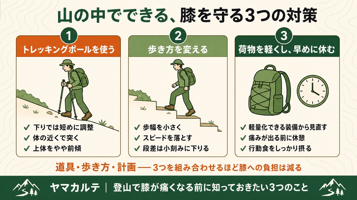 山の中で膝を守る3つの対策 トレッキングポールを正しく使う・歩幅を小さくして段差を小刻みに下りる・荷物を軽くして早めに休むを理学療法士が図解 ヤマカルテ
