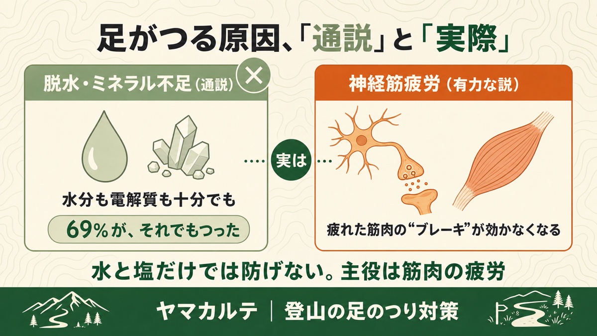 足がつる原因の通説（脱水・ミネラル不足）と実際に有力な説（神経筋疲労）の対比 水分電解質が十分でも69%がつった ヤマカルテ