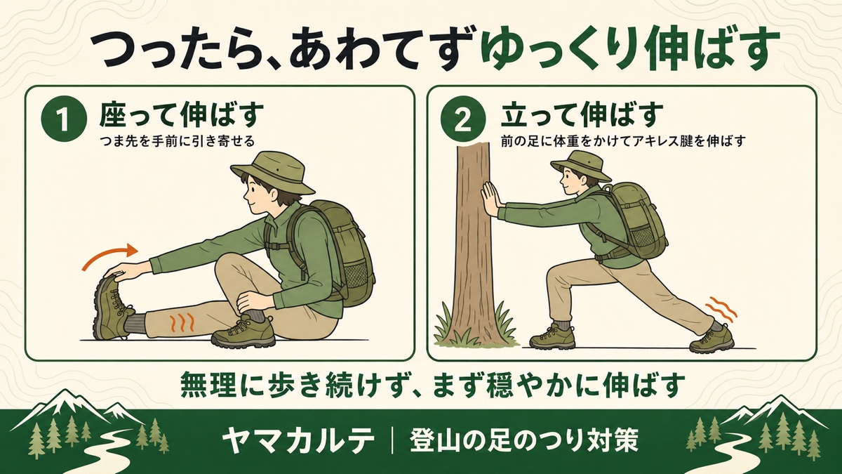 つったときの正しいストレッチ2パターン 座ってつま先を手前に引き寄せる・立って前の足に体重をかけてアキレス腱を伸ばす ヤマカルテ