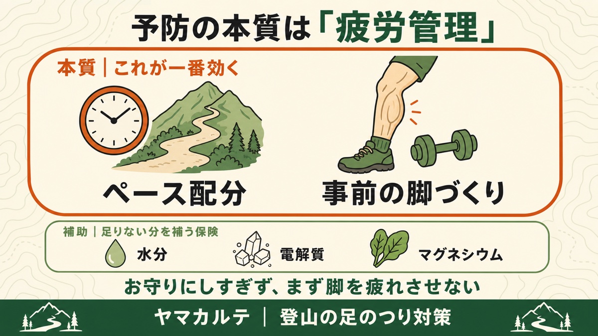 予防の本質は疲労管理 ペース配分と事前の脚づくりが本質、水分・電解質・マグネシウムは補助 ヤマカルテ