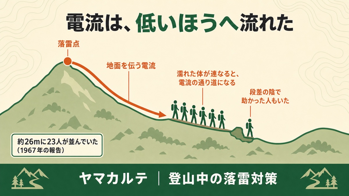 1967年西穂高岳独標の落雷で電流が山頂から北斜面へ流れた経路の図解 濡れた体が連なると電流の通り道になる 約26mに23人が並んでいた 段差の陰で助かった人もいた ヤマカルテ