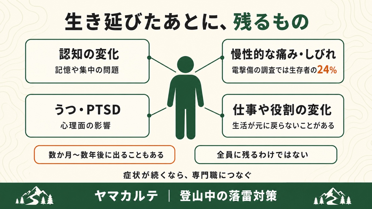 落雷を生き延びたあとに残る後遺症の図解 認知の変化 慢性的な痛みとしびれは電撃傷の調査で生存者の24% うつとPTSD 仕事や役割の変化 数か月から数年後に出ることもあるが全員に残るわけではない ヤマカルテ