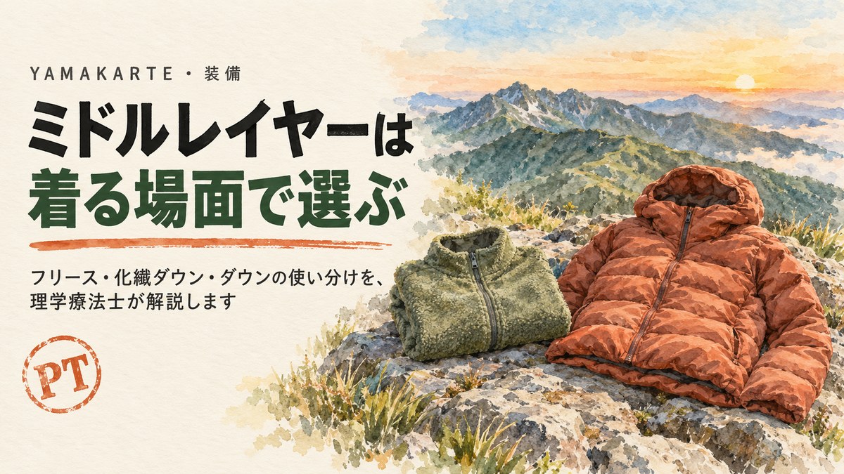岩の上に置いたオリーブ色のフリースとフード付きのダウンジャケット、朝焼けの稜線。登山のミドルレイヤーは着る場面で選ぶ 理学療法士が解説 ヤマカルテ