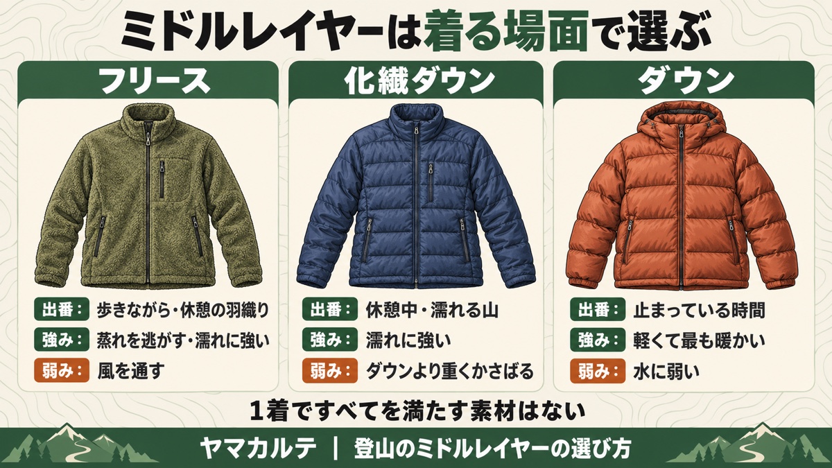 フリース・化繊ダウン・ダウンの出番と強み・弱みを比べた3枚のカード。フリースは歩きながら、化繊ダウンは休憩中と濡れる山、ダウンは止まっている時間 ヤマカルテ