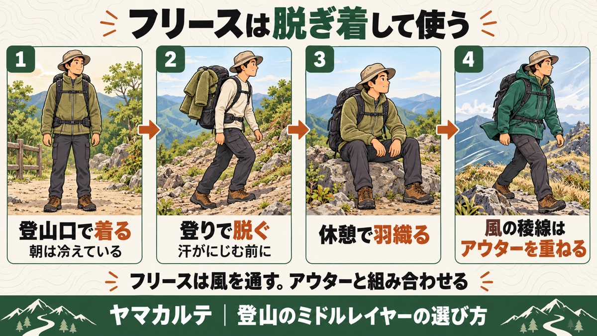フリースの脱ぎ着の流れ。登山口で着る、登りで汗がにじむ前に脱ぐ、休憩で羽織る、風の稜線ではアウターを重ねる ヤマカルテ
