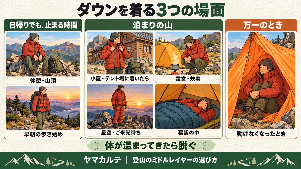ダウンを着る3つの場面。日帰りの休憩・山頂と早朝の歩き始め、泊まりの山の小屋到着・設営炊事・ご来光待ち・寝袋の中、万一動けなくなったときのツェルトの中 ヤマカルテ