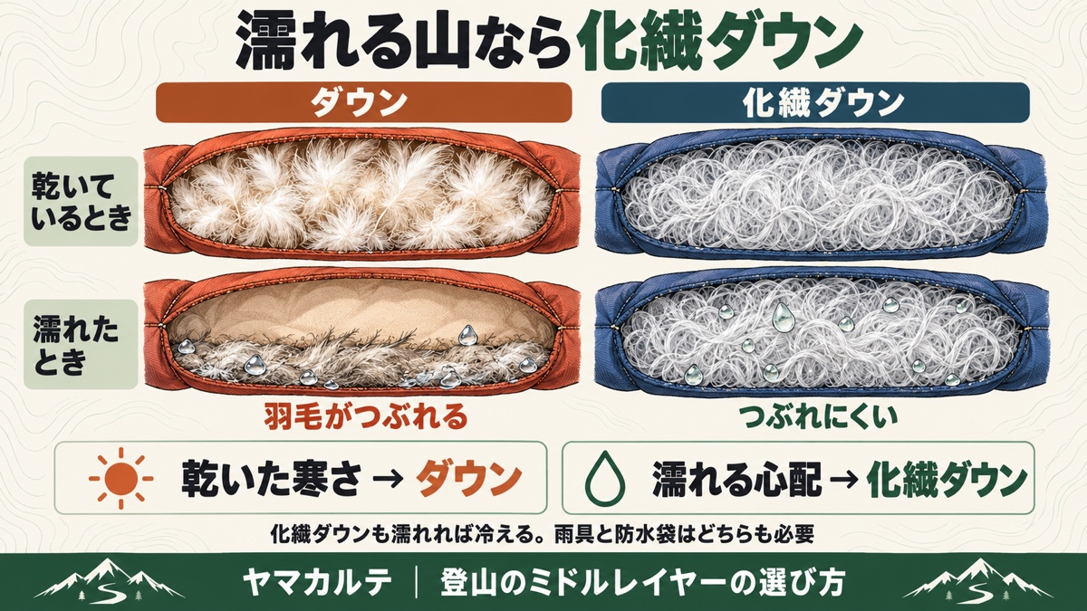 ダウンと化繊ダウンの中綿の断面比較。濡れるとダウンは羽毛がつぶれ、化繊はつぶれにくい。乾いた寒さはダウン、濡れる心配があれば化繊ダウン ヤマカルテ