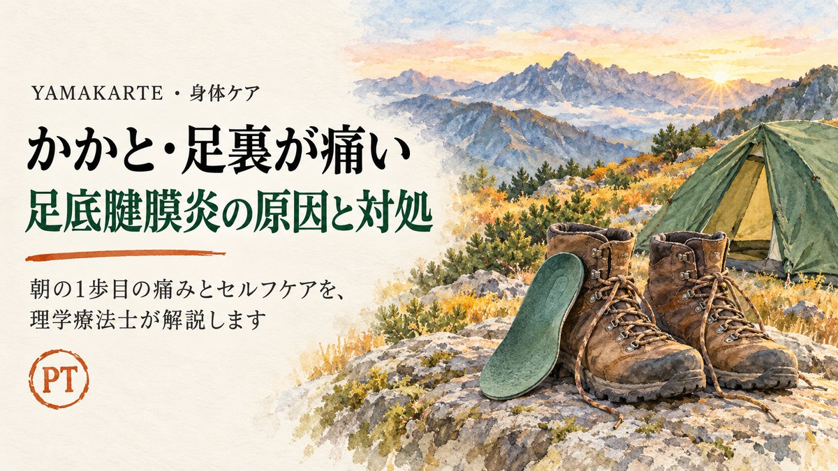 かかと・足裏が痛い 足底腱膜炎の原因と対処 秋の高山のテント場の早朝 岩の上に置いた登山靴と抜き出したインソールの水彩画 朝の1歩目の痛みとセルフケアを理学療法士が解説 ヤマカルテ
