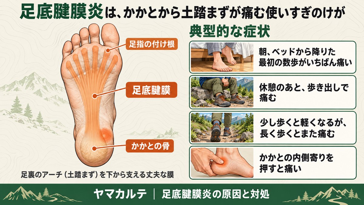 足底腱膜炎はかかとから土踏まずが痛む使いすぎのけが 足の裏を下から見た足底腱膜の位置 典型的な症状は朝の最初の数歩がいちばん痛い・休憩後の歩き出しで痛む・長く歩くとまた痛む・かかとの内側寄りを押すと痛い ヤマカルテ