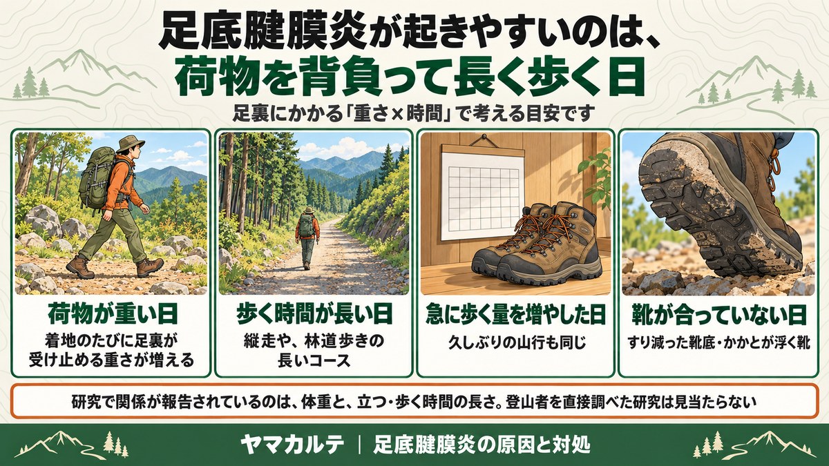 足底腱膜炎が起きやすいのは荷物を背負って長く歩く日 荷物が重い日・歩く時間が長い日・急に歩く量を増やした日・靴が合っていない日 足裏にかかる重さ×時間で考える目安 ヤマカルテ