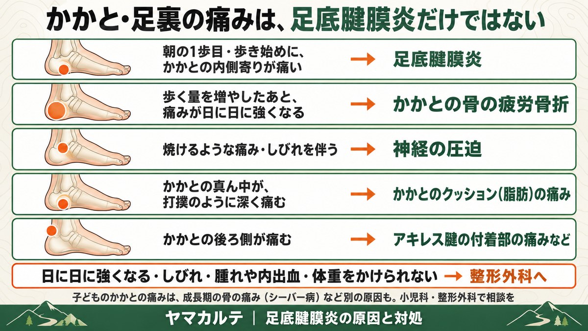 かかと・足裏の痛みは足底腱膜炎だけではない 痛み方で見分ける早見表 かかとの骨の疲労骨折・神経の圧迫・かかとのクッション(脂肪)の痛み・アキレス腱の付着部の痛み 受診のサインと子どものシーバー病 ヤマカルテ