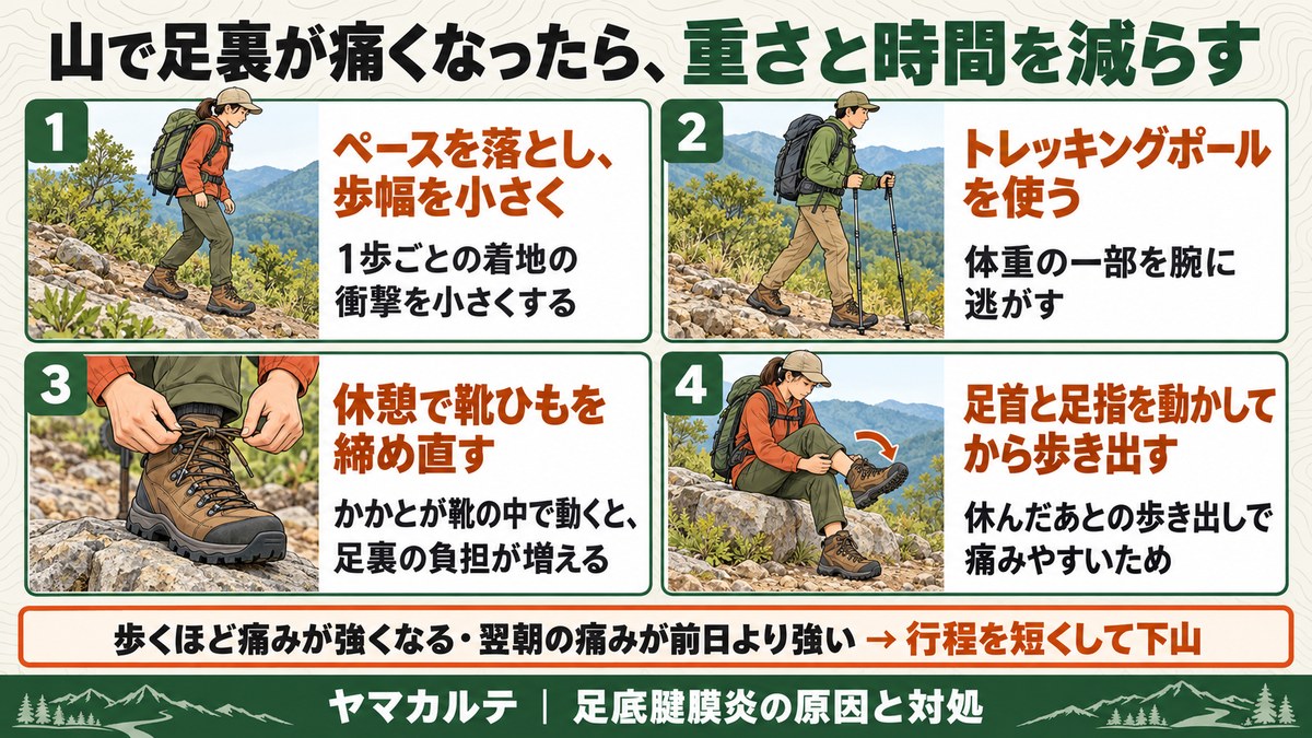 山で足裏が痛くなったら重さと時間を減らす ペースを落とし歩幅を小さく・トレッキングポールを使う・休憩で靴ひもを締め直す・足首と足指を動かしてから歩き出す 痛みが強くなれば行程を短くして下山 ヤマカルテ