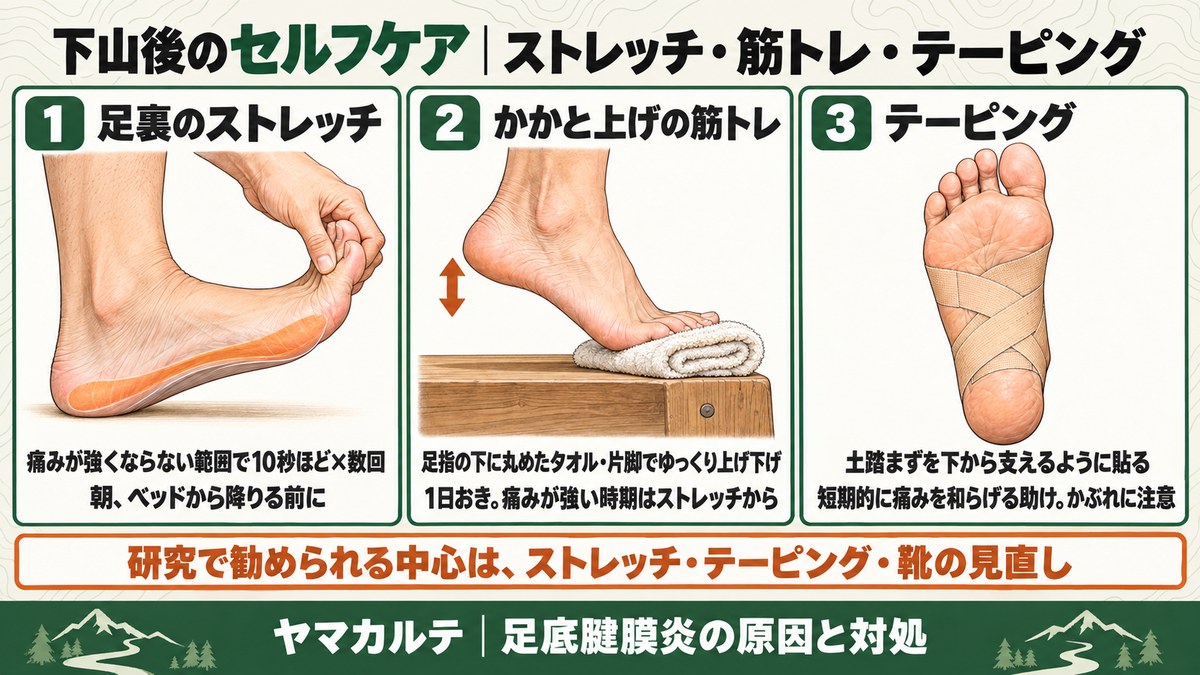 足底腱膜炎の下山後のセルフケア 足裏のストレッチ・足指の下にタオルを入れたかかと上げの筋トレ・土踏まずを支えるテーピングのやり方 ヤマカルテ