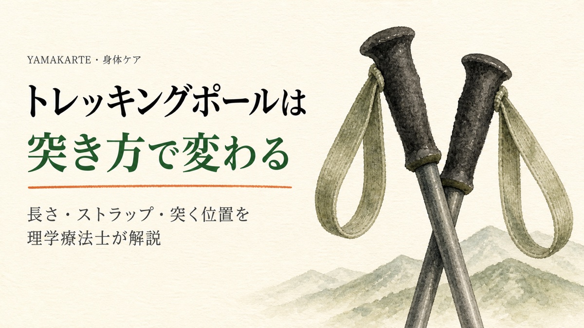 山の稜線を背にした2本のトレッキングポールを描いた水彩画 長さ・ストラップ・突く位置を理学療法士が解説 ヤマカルテ