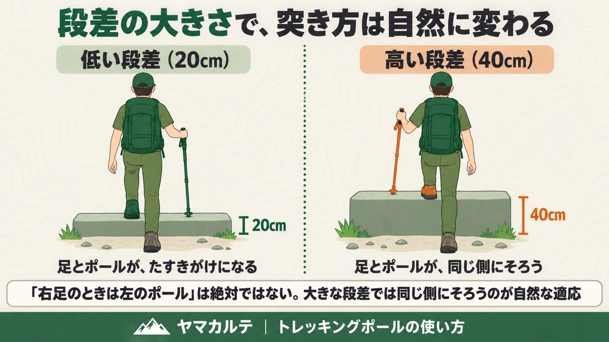 段差20cmでは足とポールがたすきがけになり40cmでは同じ側にそろうことを背面から示した図解 ヤマカルテ