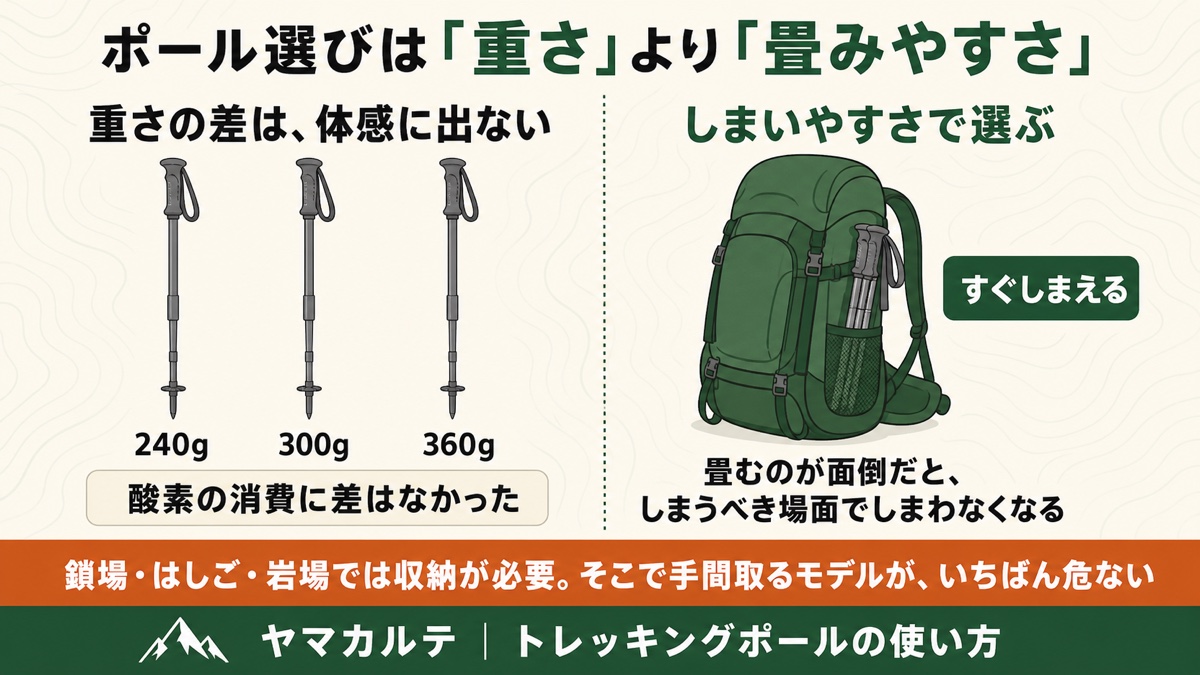 トレッキングポールは240g・300g・360gの重さの差では酸素消費に差が出ず畳んでザックにすぐしまえるかで選ぶことを示した図解 ヤマカルテ