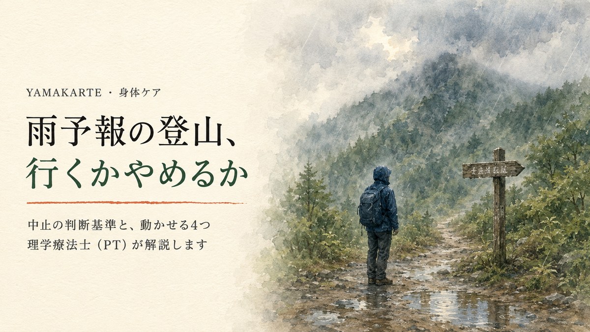 雨雲に隠れた山を登山口から見上げて立ち止まる登山者 雨予報の登山で行くかやめるかの判断基準を理学療法士が解説 ヤマカルテ