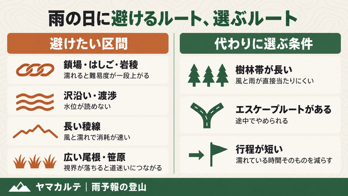 雨の日に避けたい区間は鎖場・沢沿い・長い稜線・広い尾根 代わりに樹林帯が長くエスケープルートがあり行程が短いルートを選ぶ ヤマカルテ