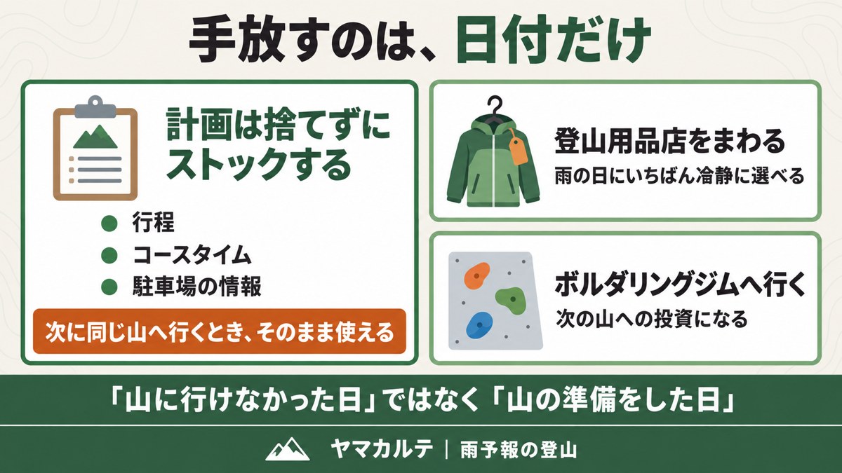 登山を中止しても手放すのは日付だけ 行程やコースタイムはストックし登山用品店やボルダリングジムに差し替える ヤマカルテ