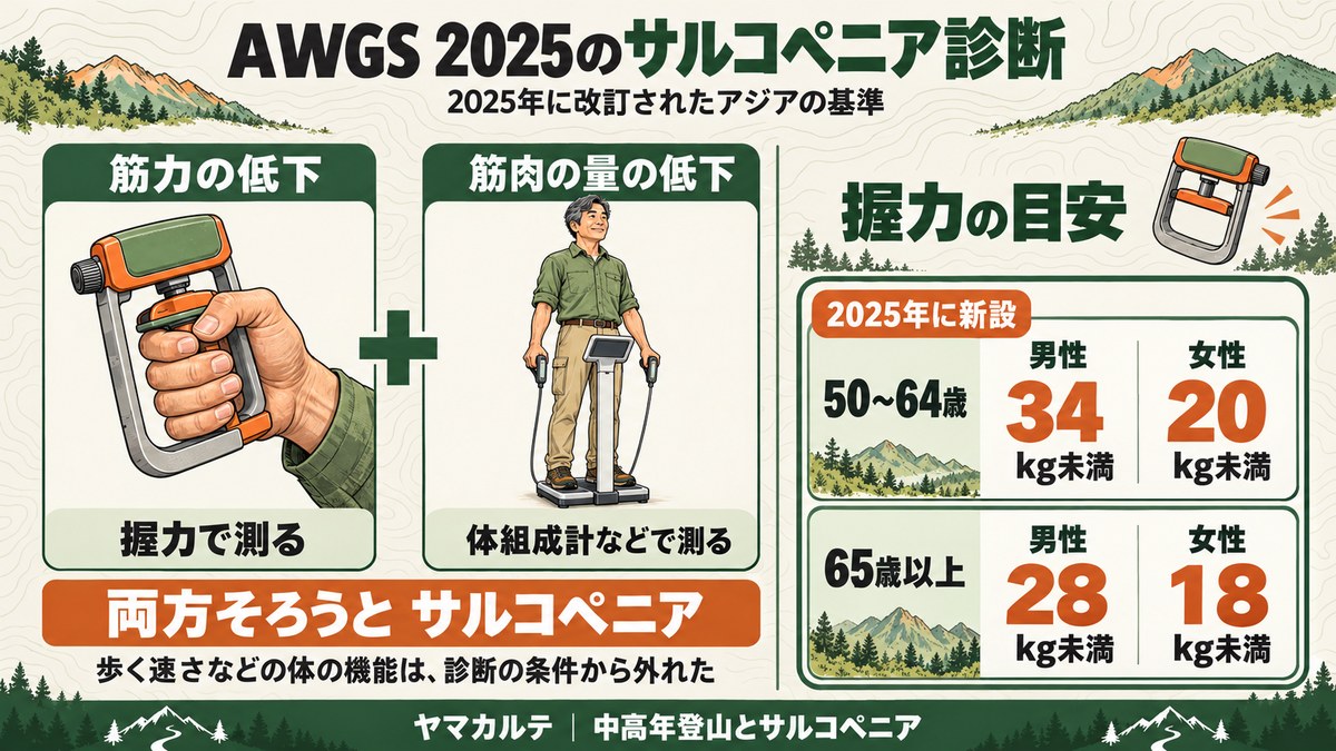 AWGS 2025のサルコペニア診断 筋力の低下と筋肉の量の低下がそろうと診断 握力の目安は50〜64歳で男性34kg未満・女性20kg未満 65歳以上で男性28kg未満・女性18kg未満 ヤマカルテ