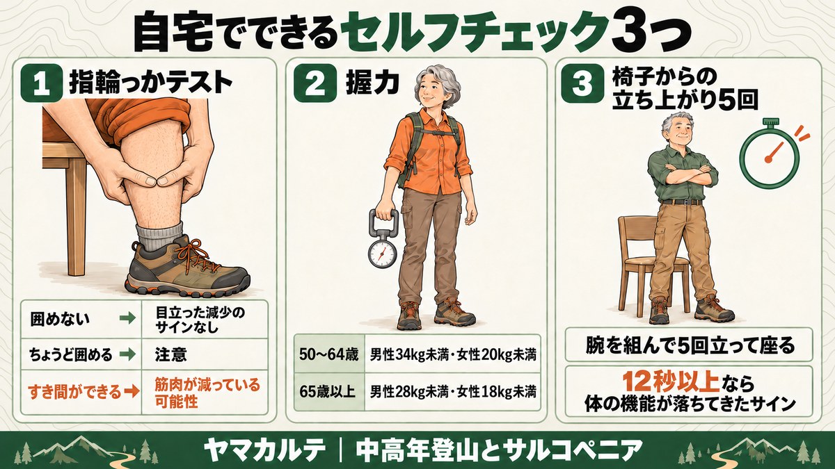自宅でできるセルフチェック3つ 両手の親指と人さし指でふくらはぎを包むように囲む指輪っかテスト 握力は50〜64歳で男性34kg未満・女性20kg未満 65歳以上で男性28kg未満・女性18kg未満 椅子からの立ち上がり5回が12秒以上なら体の機能が落ちてきたサイン ヤマカルテ