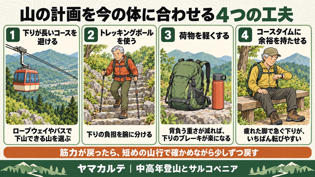 山の計画を今の体に合わせる4つの工夫 下りが長いコースを避ける・トレッキングポールを使う・荷物を軽くする・コースタイムに余裕を持たせる ヤマカルテ
