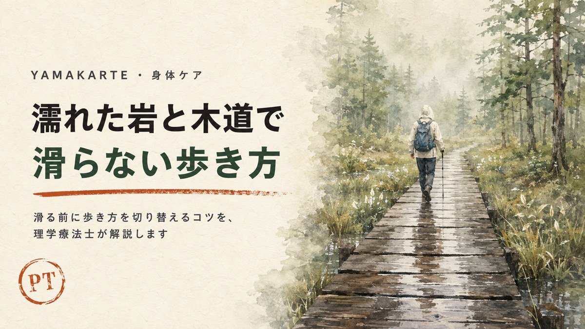 雨に濡れて黒く光る木道と、歩幅を狭めて慎重に足を置く登山者 濡れた岩・木道で滑らない歩き方を理学療法士が解説 ヤマカルテ