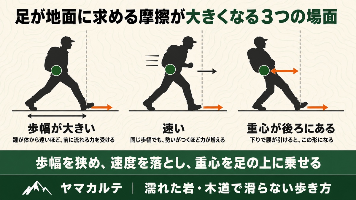 足が地面に求める摩擦が大きくなる3つの場面の図解 歩幅が大きい・速い・重心が後ろにある 接地点から伸ばした垂直の破線と重心の距離で比較 ヤマカルテ