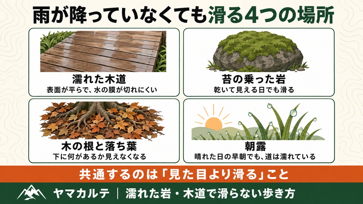 雨が降っていなくても滑る4つの場所の図解 濡れた木道・苔の乗った岩・木の根と落ち葉・朝露 共通するのは見た目より滑ること ヤマカルテ