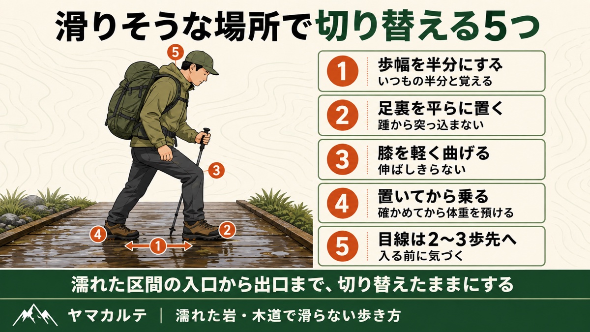 滑りそうな場所で切り替える5つの図解 歩幅を半分にする・足裏を平らに置く・膝を軽く曲げる・置いてから乗る・目線は2〜3歩先へ ヤマカルテ