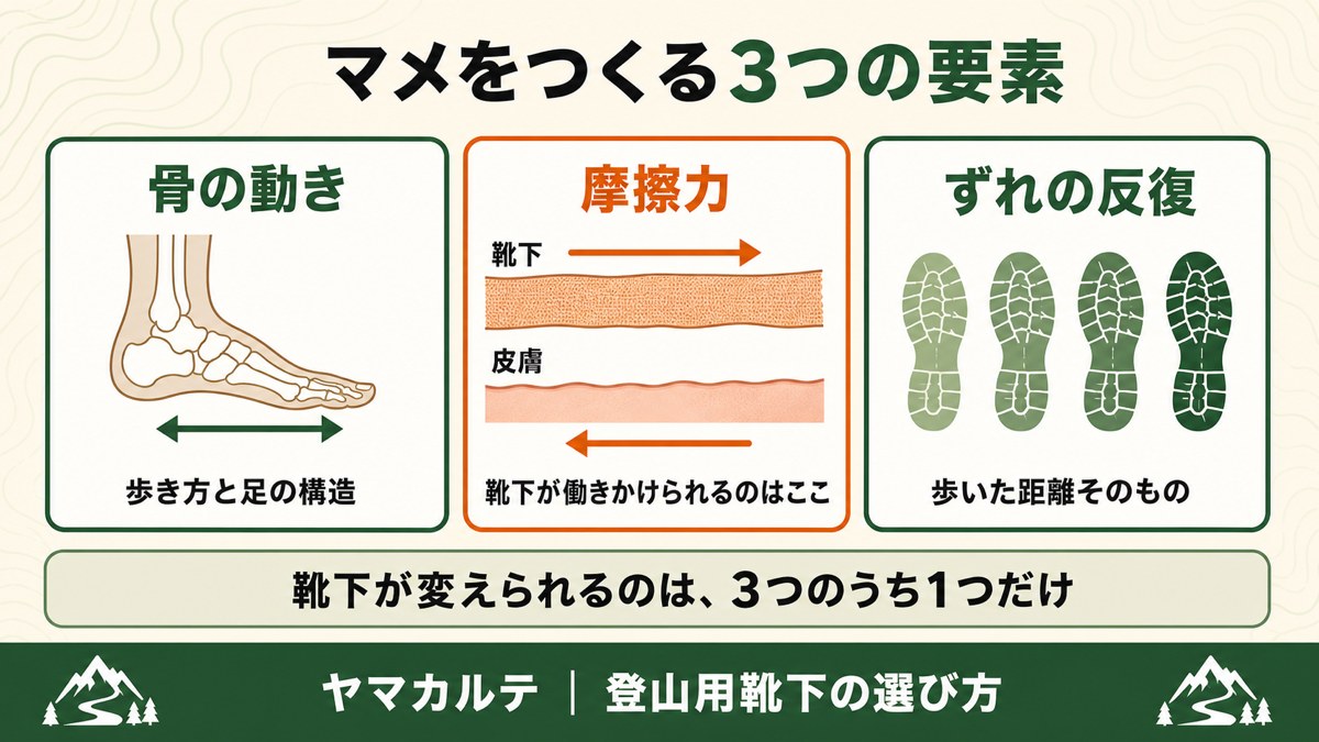 マメをつくる3つの要素の図解 骨の動き・摩擦力・ずれの反復 靴下が働きかけられるのは摩擦力だけ ヤマカルテ
