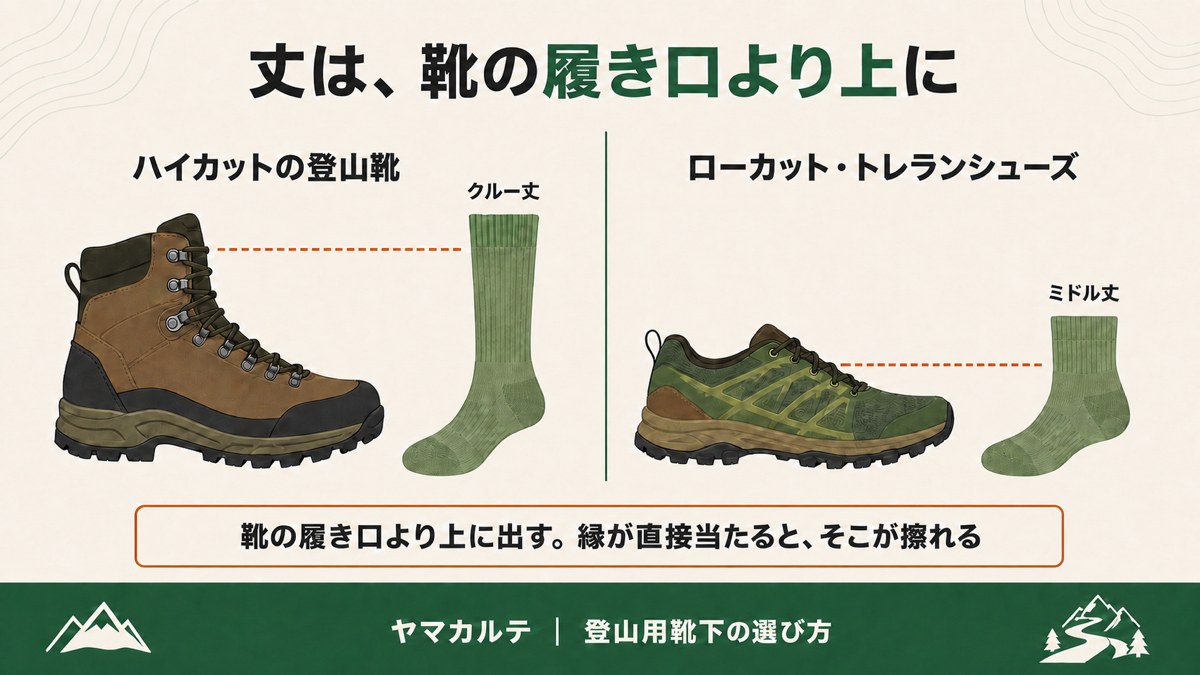 登山用靴下の丈の図解 ハイカットの登山靴はクルー丈 ローカット・トレランシューズはミドル丈 靴の履き口より上に出す ヤマカルテ
