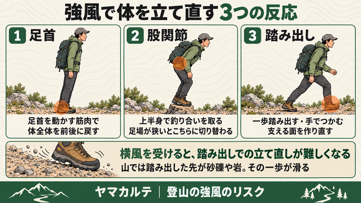 強風で体を立て直す3つの反応 足首・股関節・踏み出し 横風を受けると踏み出しでの立て直しが難しくなり山では砂礫や岩で一歩が滑る ヤマカルテ