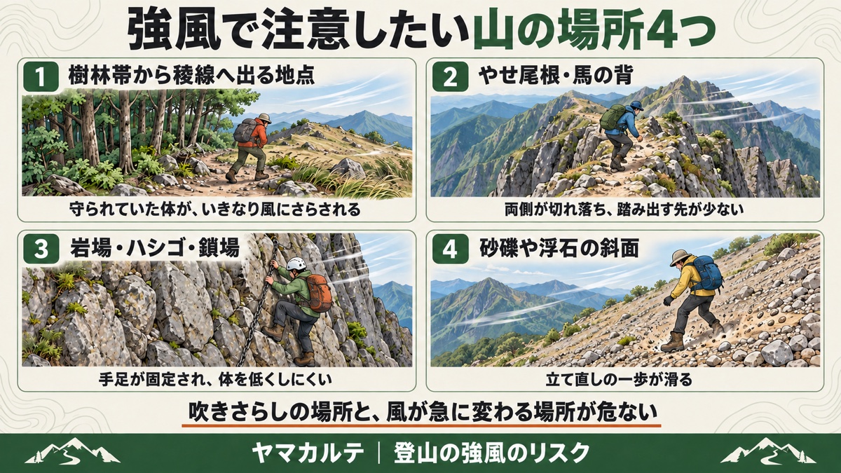 強風で注意したい山の場所4つ 樹林帯から稜線へ出る地点・やせ尾根と馬の背・岩場とハシゴと鎖場・砂礫や浮石の斜面 ヤマカルテ