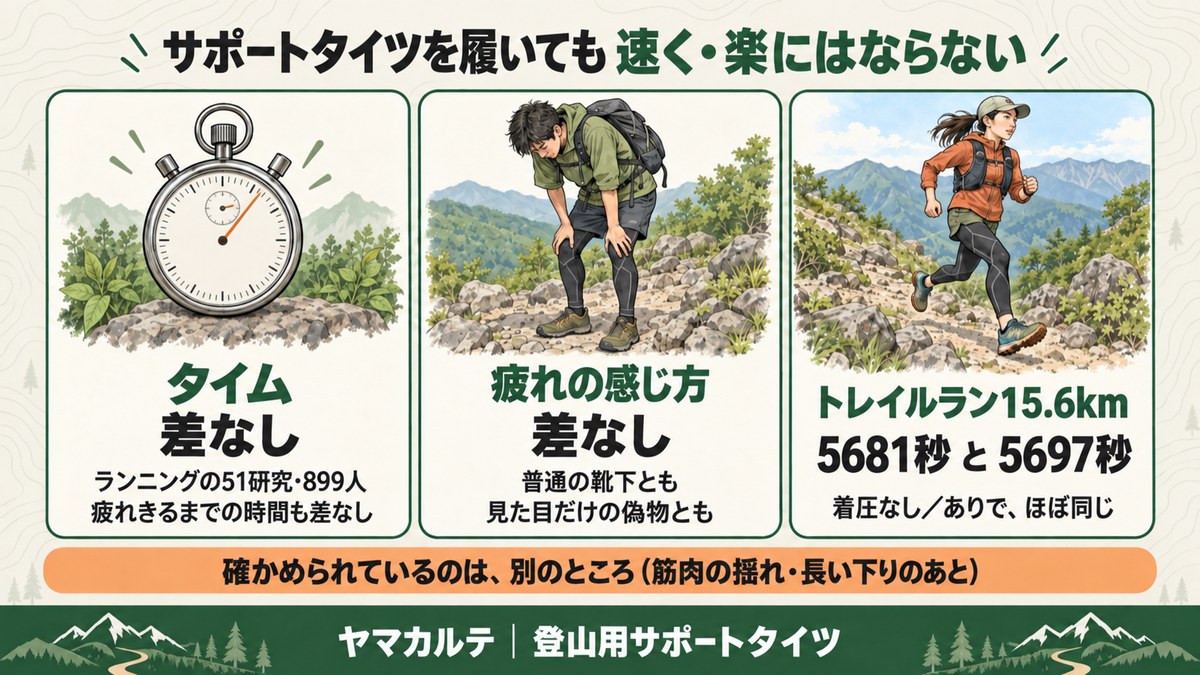 サポートタイツを履いても速く楽にはならない図解 51研究899人でタイム差なし 疲れの感じ方も普通の靴下や偽物と差なし トレイルラン15.6kmは5681秒と5697秒 ヤマカルテ