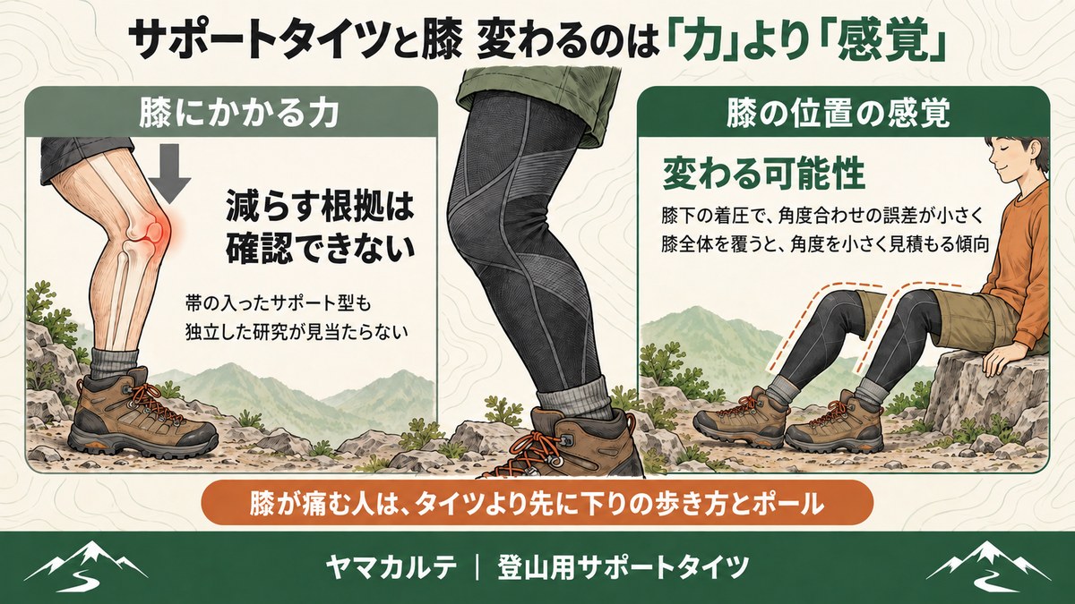 サポートタイツと膝の図解 膝にかかる力を減らす根拠は確認できない 膝の位置の感覚は膝下の着圧で変わる可能性 膝が痛む人はタイツより先に下りの歩き方とポール ヤマカルテ