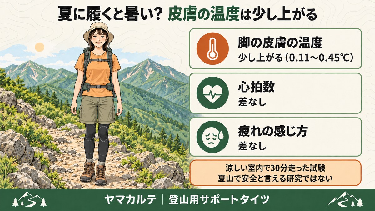 夏にサポートタイツを履くと暑いかの図解 脚の皮膚の温度は0.11〜0.45℃上がる 心拍数と疲れの感じ方は差なし 涼しい室内で30分走った試験で夏山の安全を示すものではない ヤマカルテ