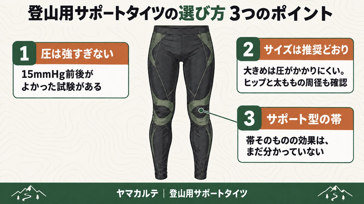 登山用サポートタイツの選び方3つのポイントの図解 圧は強すぎない15mmHg前後 サイズはメーカー推奨どおりでヒップと太ももの周径も確認 サポート型の帯の効果はまだ分かっていない ヤマカルテ