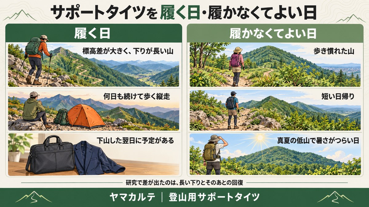 サポートタイツを履く日と履かなくてよい日の図解 履く日は標高差が大きく下りが長い山・縦走・翌日に予定がある日 履かなくてよい日は歩き慣れた山・短い日帰り・真夏の低山 ヤマカルテ