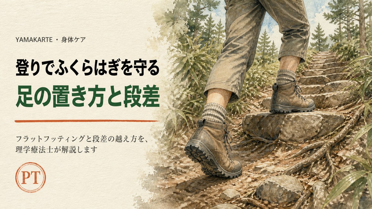 岩の段を登る登山者の脚と登山靴の水彩画 登りでふくらはぎを守る足の置き方と段差を理学療法士が解説 ヤマカルテ