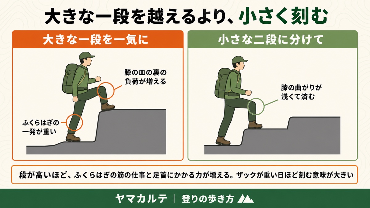 登山の段差は大きな一段を一気に越えるより小さな二段に刻む 膝の曲がりとふくらはぎの負担を減らす 登山の登りの歩き方 ヤマカルテ
