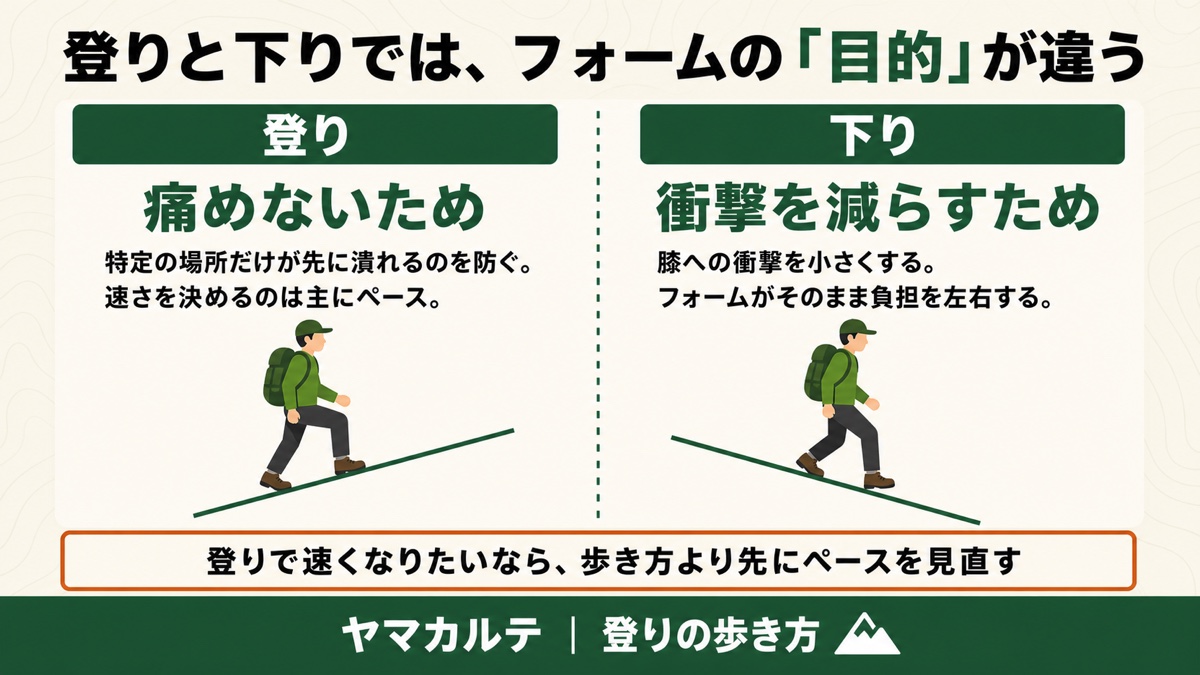 登りと下りでフォームの目的が違う 登りは痛めないため下りは衝撃を減らすため 登山の登りの歩き方 ヤマカルテ