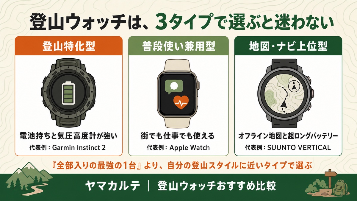 登山ウォッチは3タイプで選ぶ 登山特化型(電池持ちと気圧高度計が強い)・普段使い兼用型(街でも仕事でも使える)・地図ナビ上位型(オフライン地図と超ロングバッテリー)を理学療法士が図解 ヤマカルテ
