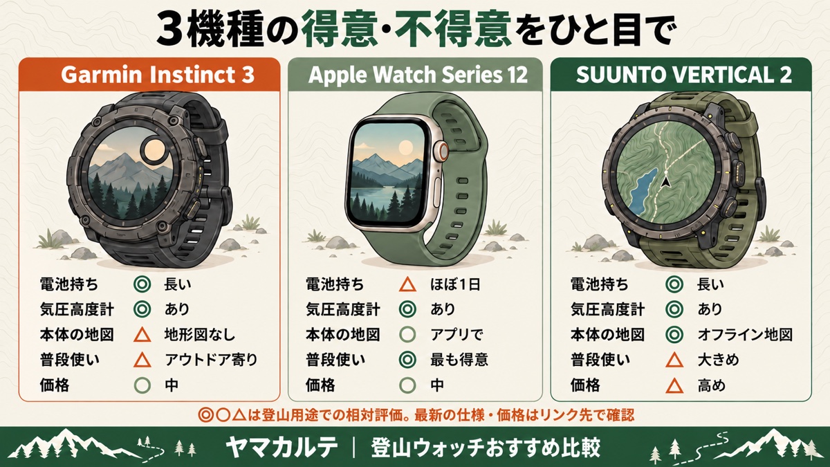 3機種の得意・不得意をひと目で Garmin Instinct 3(電池◎・地形図なし)・Apple Watch Series 12(電池△・普段使い◎)・SUUNTO VERTICAL 2(電池◎・オフライン地図◎・価格△)を比べた図解 ヤマカルテ